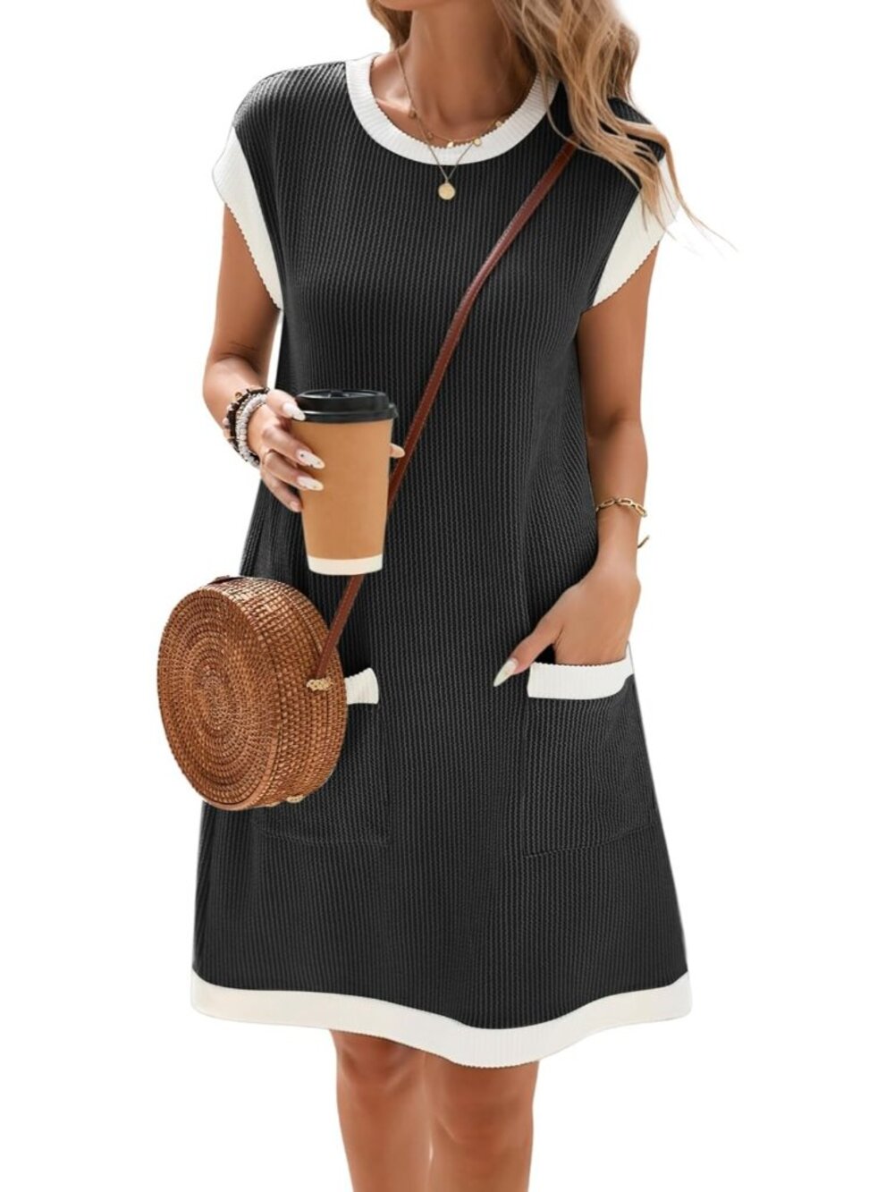 Women's Black Casual Ribbed Textured Cap Sleeve T-Shirt Dress Crewneck Sundress